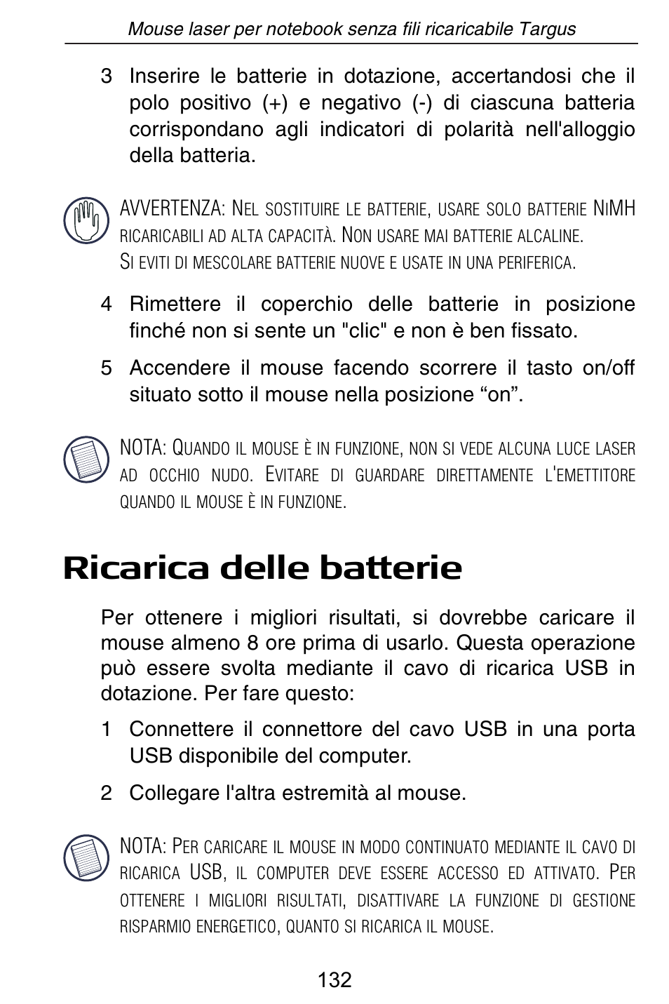 Ricarica delle batterie | Targus AMW15EU User Manual | Page 132 / 259