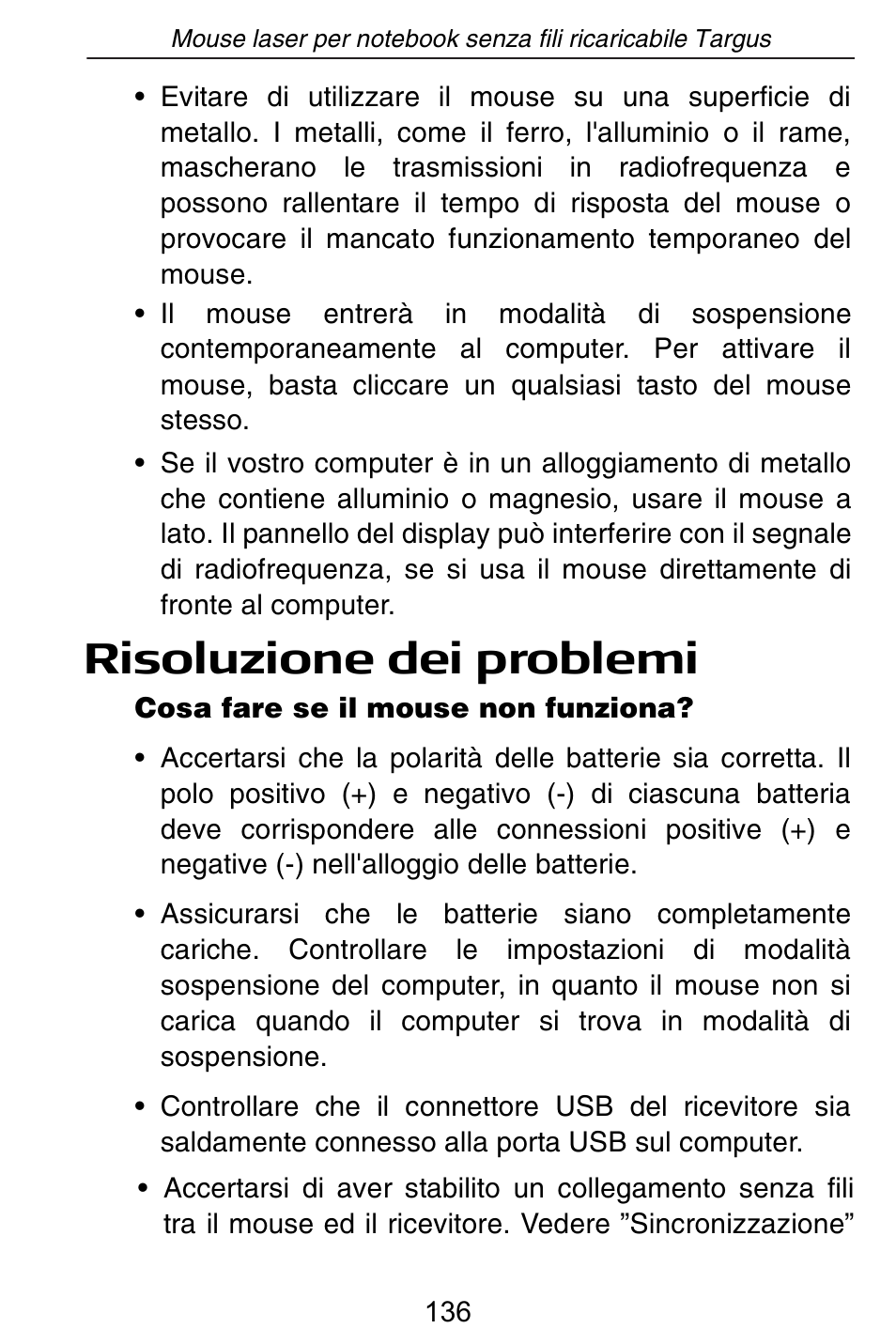 Risoluzione dei problemi | Targus AMW15EU User Manual | Page 136 / 259