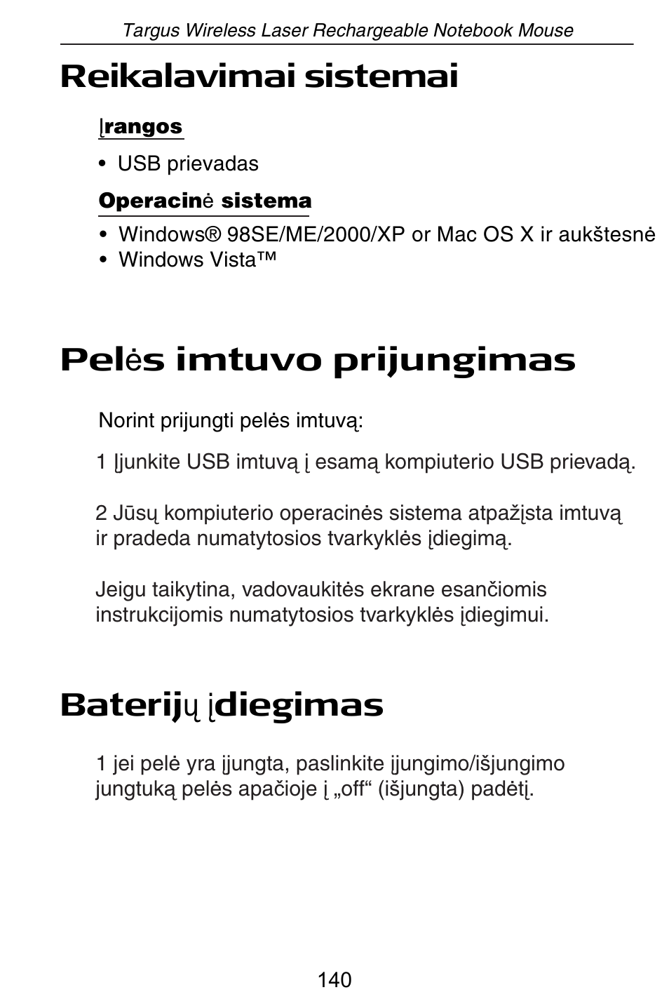 Reikalavimai sistemai, Pel ơ s imtuvo prijungimas, Baterij ǐ ƴ diegimas | Targus AMW15EU User Manual | Page 140 / 259