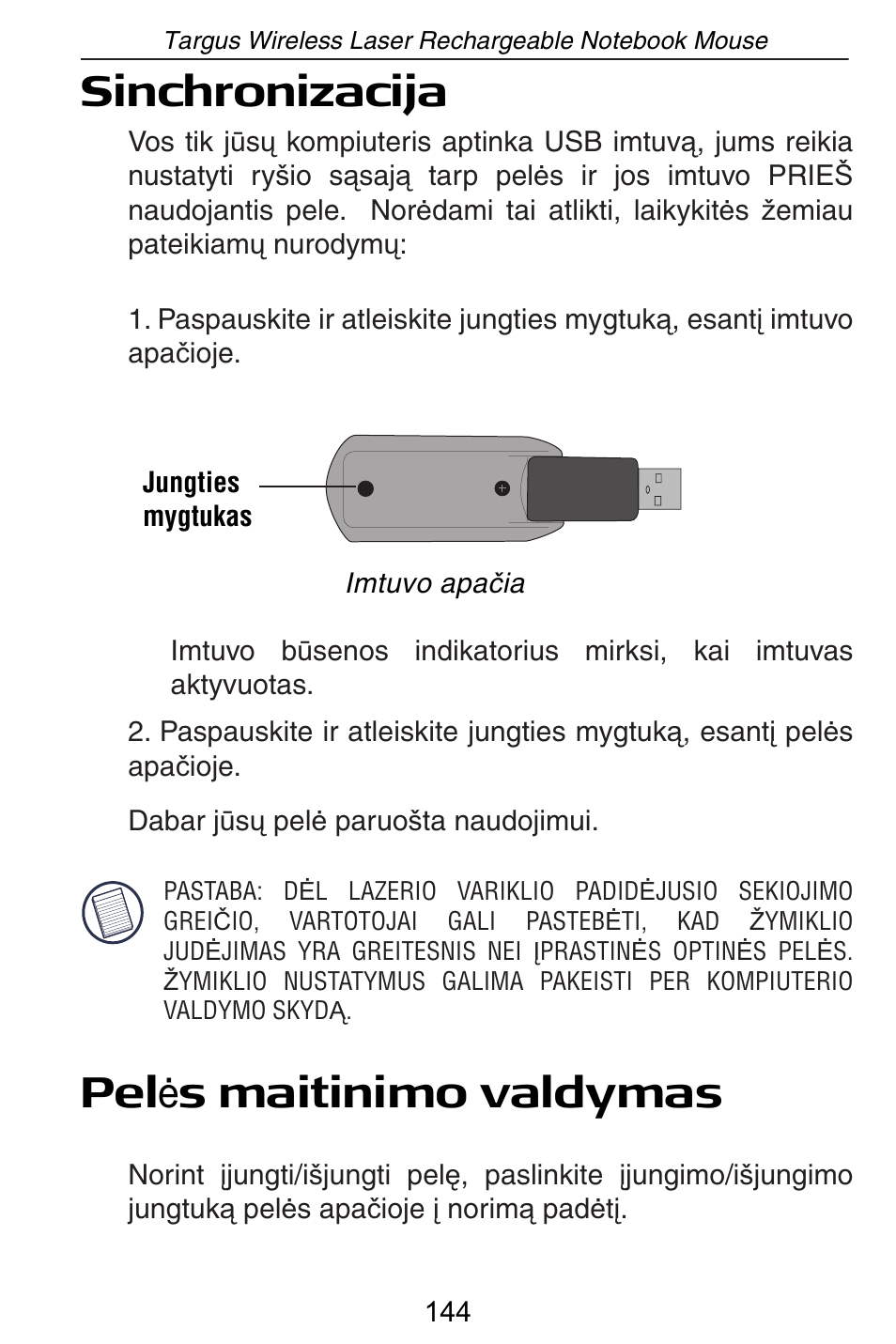 Sinchronizacija, Pel ơ s maitinimo valdymas | Targus AMW15EU User Manual | Page 144 / 259