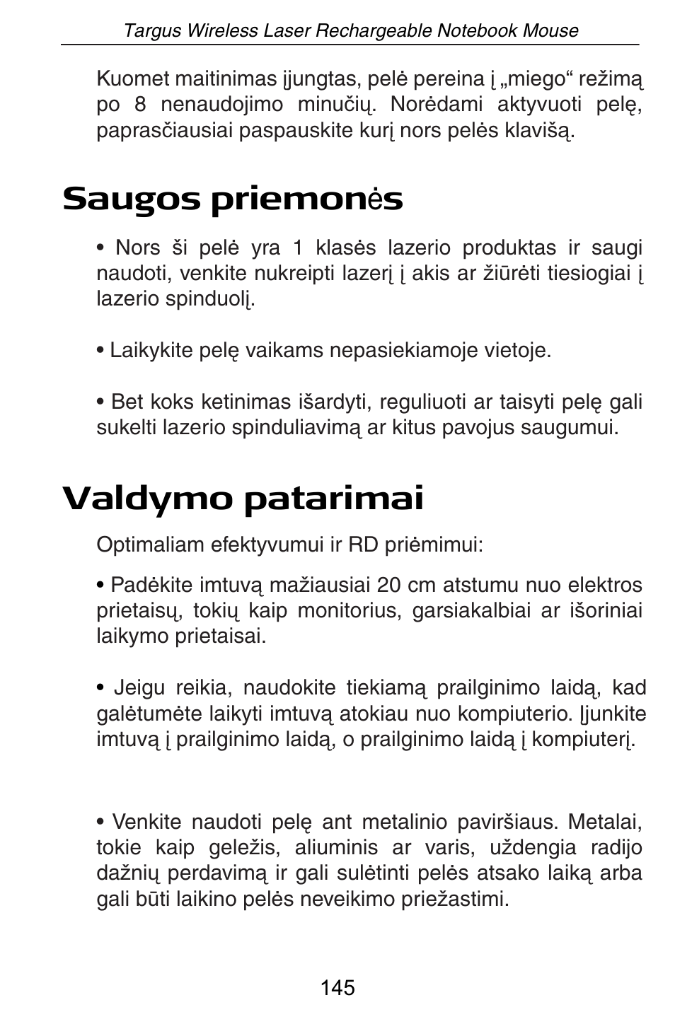 Saugos priemon ơ s valdymo patarimai | Targus AMW15EU User Manual | Page 145 / 259