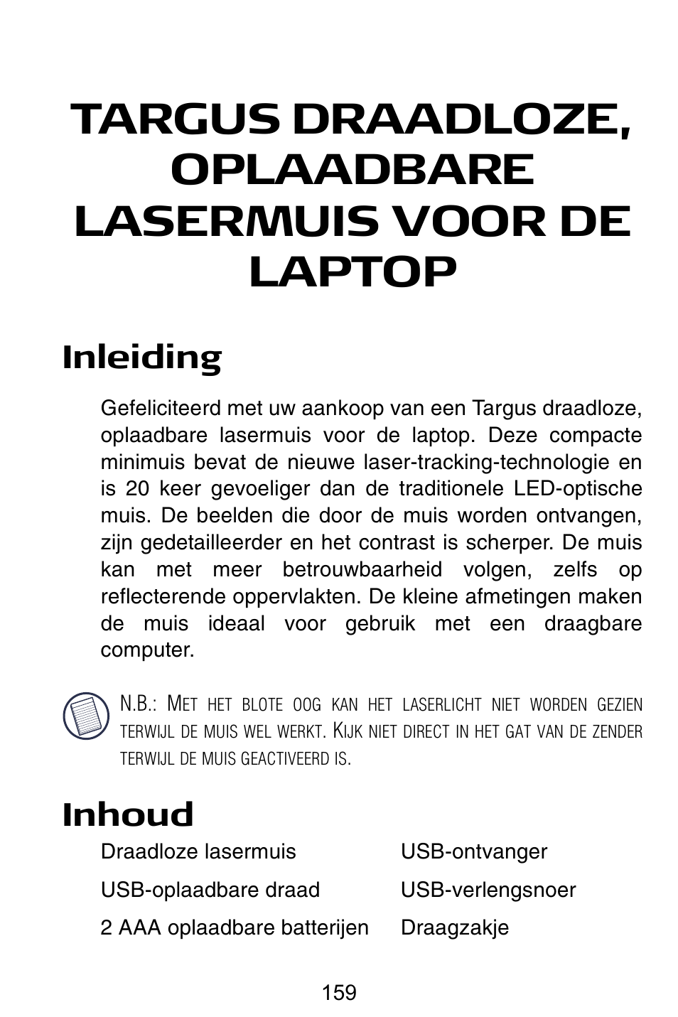 Nl – nederlands, Inleiding, Inhoud | Targus AMW15EU User Manual | Page 159 / 259