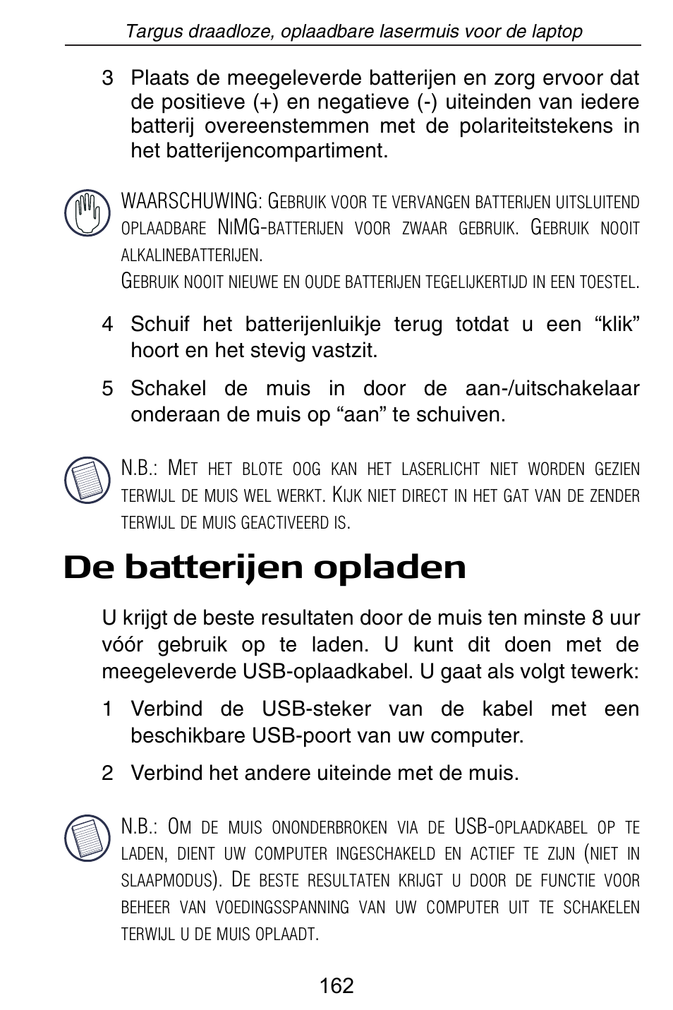 De batterijen opladen | Targus AMW15EU User Manual | Page 162 / 259