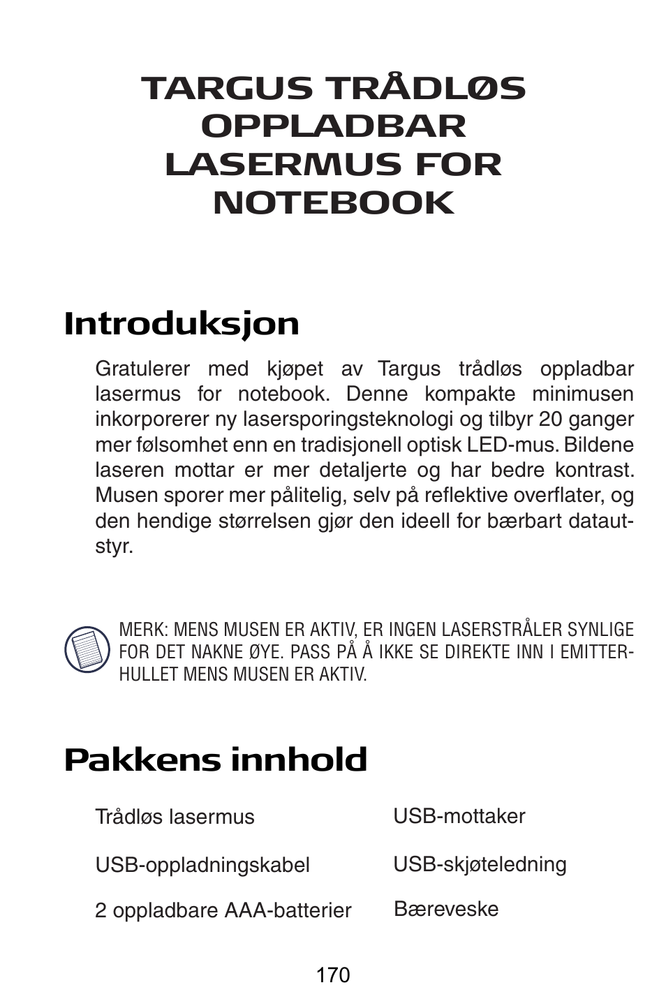 No – norsk | Targus AMW15EU User Manual | Page 170 / 259