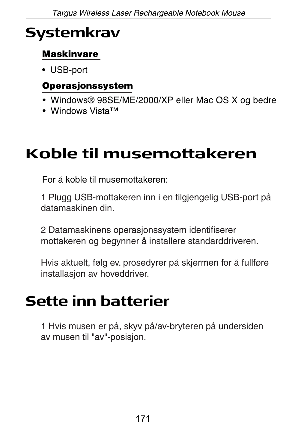 Systemkrav, Koble til musemottakeren, Sette inn batterier | Targus AMW15EU User Manual | Page 171 / 259
