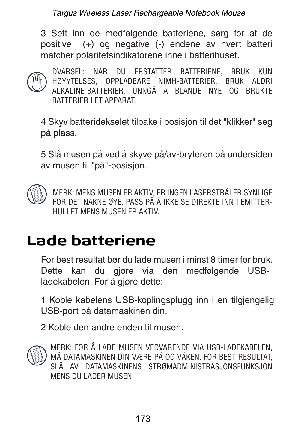 Lade batteriene | Targus AMW15EU User Manual | Page 173 / 259