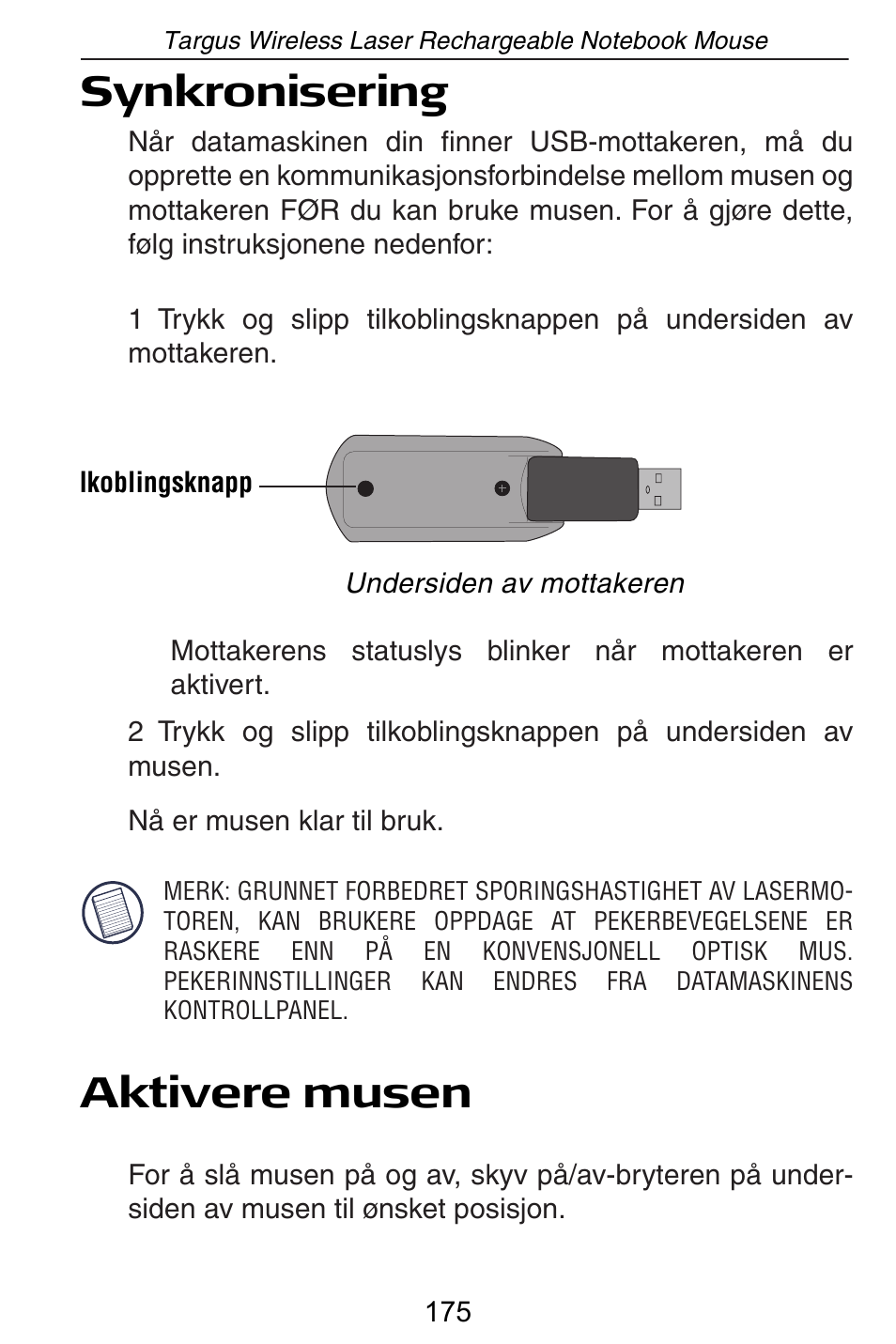 Synkronisering, Aktivere musen | Targus AMW15EU User Manual | Page 175 / 259