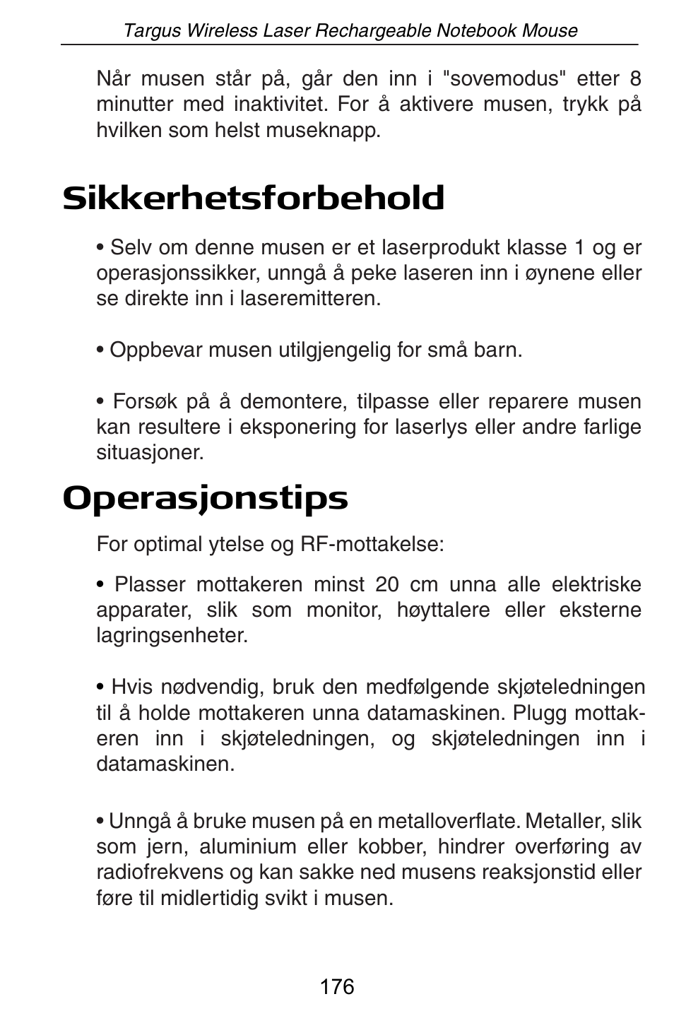 Sikkerhetsforbehold operasjonstips | Targus AMW15EU User Manual | Page 176 / 259