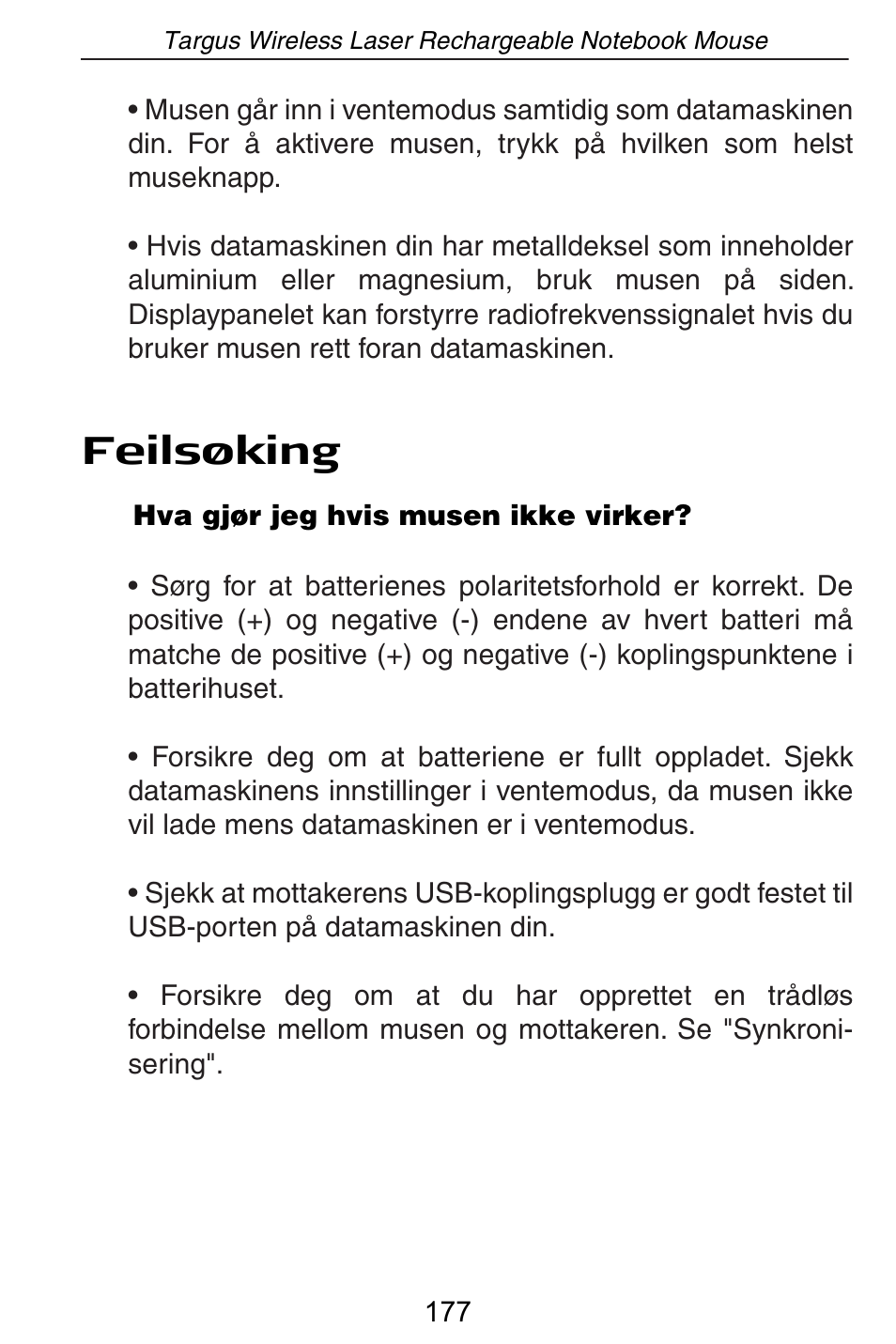 Feilsøking | Targus AMW15EU User Manual | Page 177 / 259