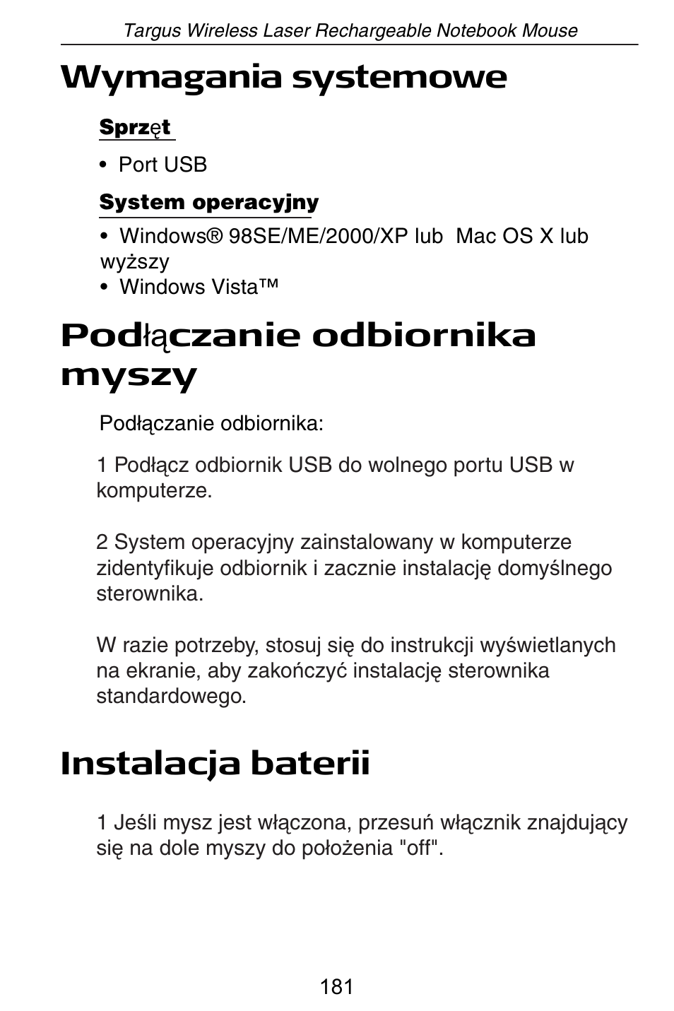 Wymagania systemowe, Pod áą czanie odbiornika myszy, Instalacja baterii | Targus AMW15EU User Manual | Page 181 / 259