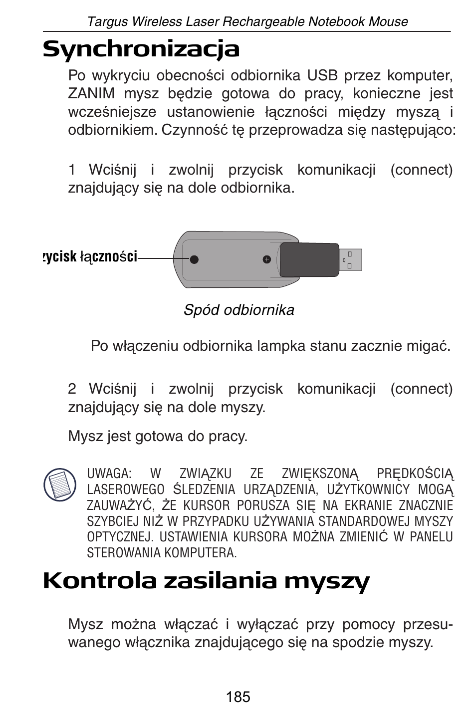 Synchronizacja, Kontrola zasilania myszy | Targus AMW15EU User Manual | Page 185 / 259