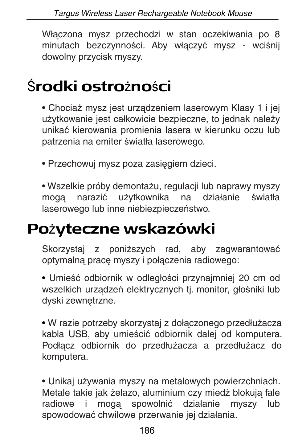 Ĝ rodki ostro ī no ğ ci po ī yteczne wskazówki | Targus AMW15EU User Manual | Page 186 / 259