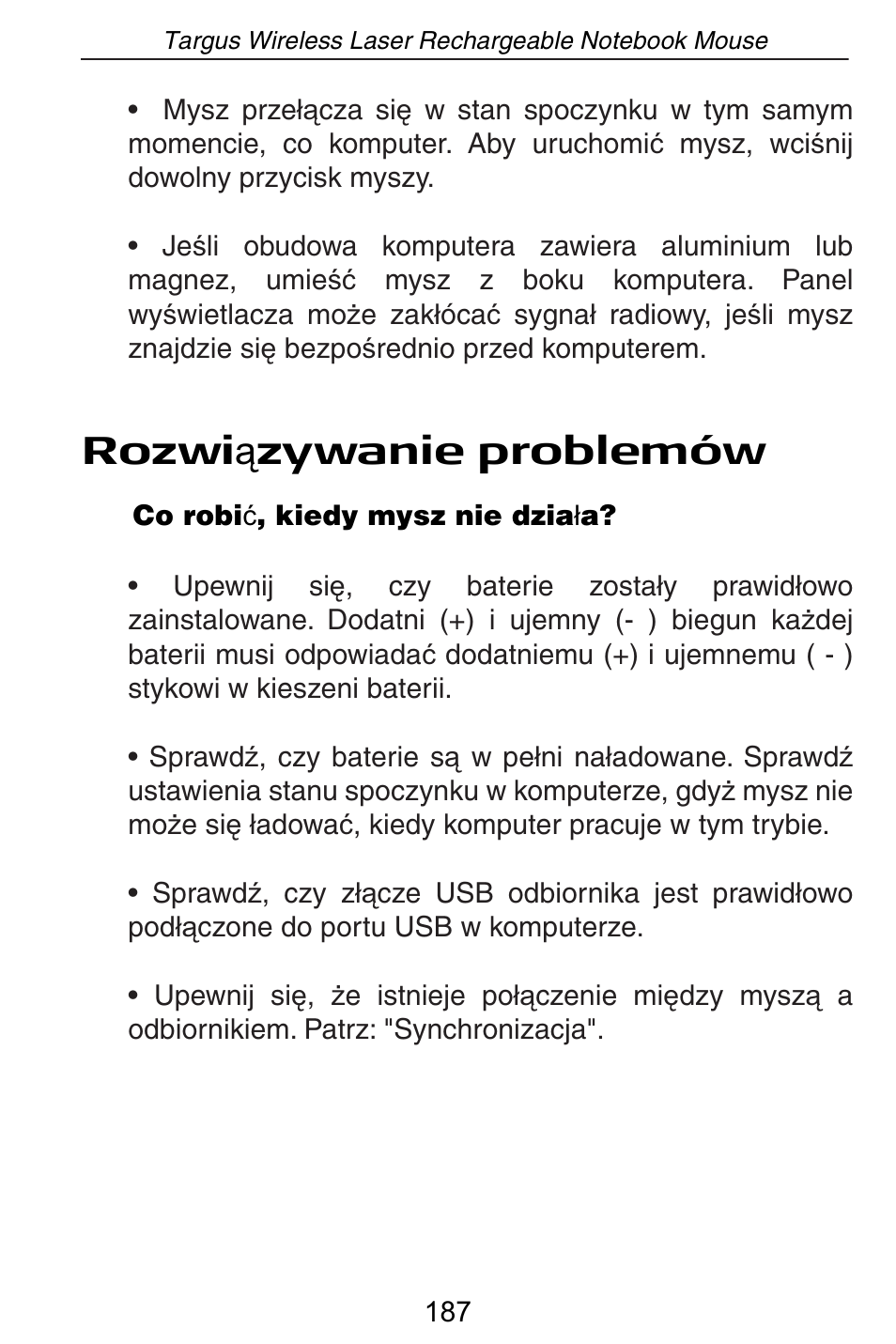 Rozwi ą zywanie problemów | Targus AMW15EU User Manual | Page 187 / 259