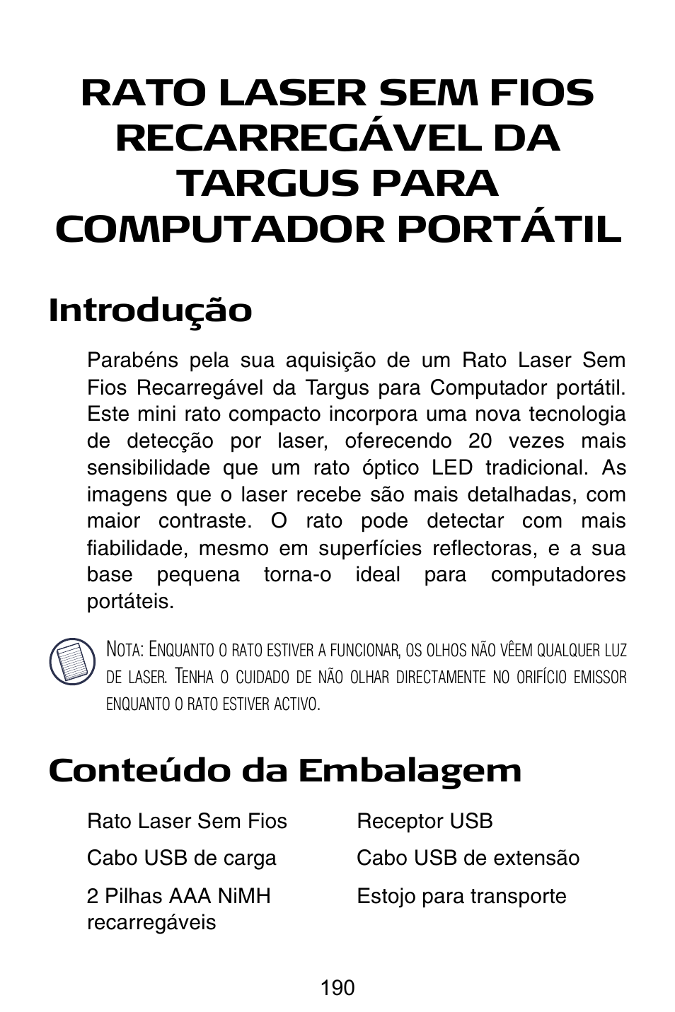 Pt – português, Introdução, Conteúdo da embalagem | Targus AMW15EU User Manual | Page 190 / 259