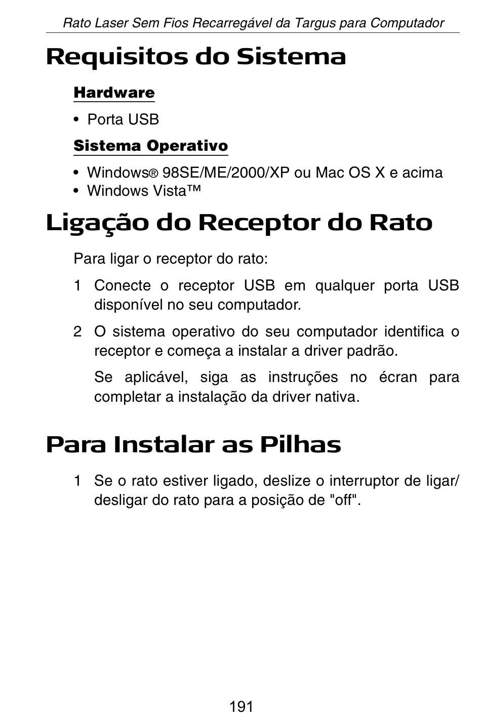 Requisitos do sistema, Ligação do receptor do rato, Para instalar as pilhas | Targus AMW15EU User Manual | Page 191 / 259