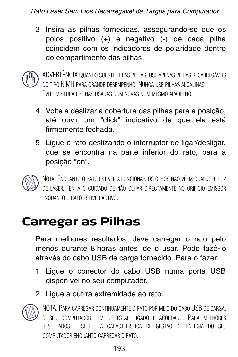 Carregar as pilhas | Targus AMW15EU User Manual | Page 193 / 259