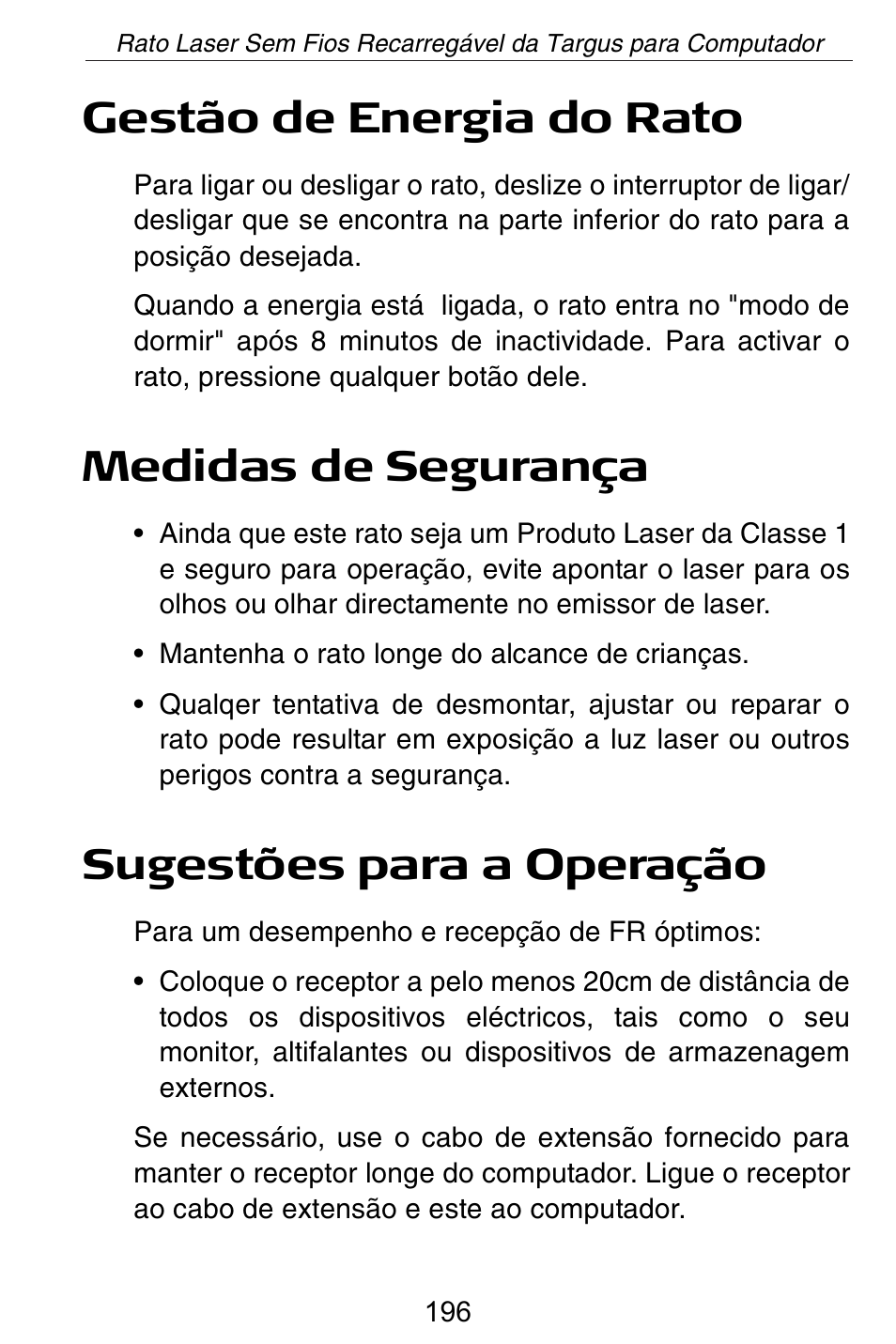 Gestão de energia do rato, Medidas de segurança, Sugestões para a operação | Targus AMW15EU User Manual | Page 196 / 259