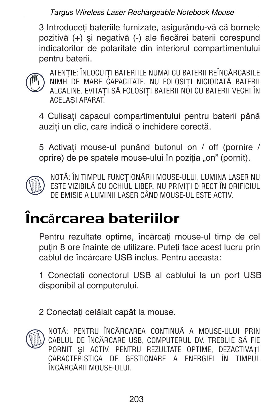 Înc ă rcarea bateriilor | Targus AMW15EU User Manual | Page 203 / 259