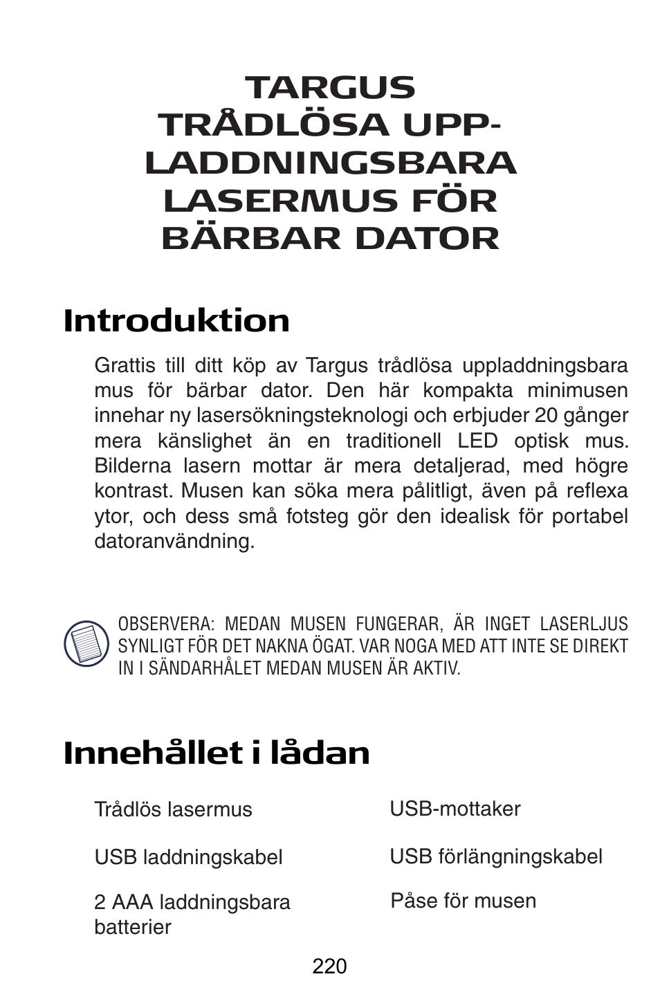 Se – svenska | Targus AMW15EU User Manual | Page 220 / 259