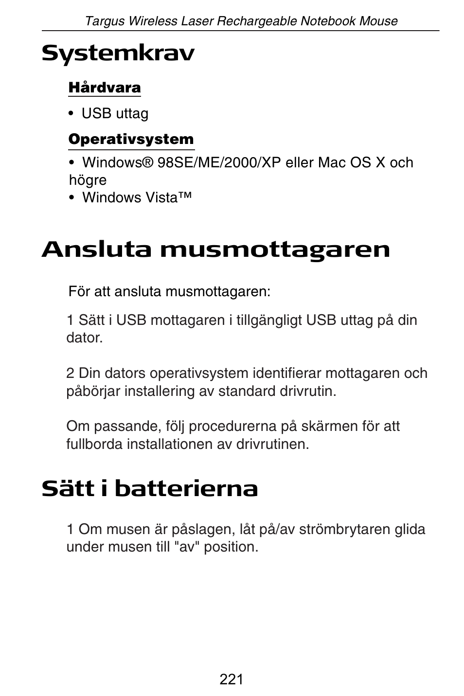 Systemkrav, Ansluta musmottagaren, Sätt i batterierna | Targus AMW15EU User Manual | Page 221 / 259