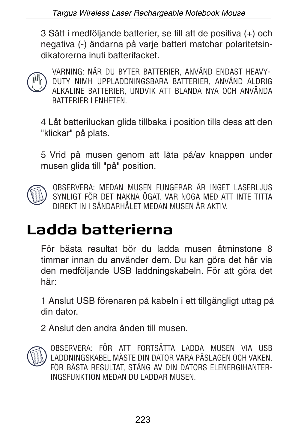 Ladda batterierna | Targus AMW15EU User Manual | Page 223 / 259