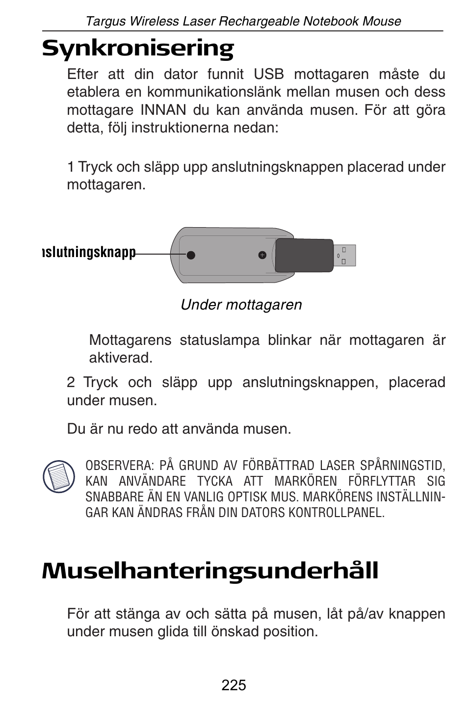 Synkronisering, Muselhanteringsunderhåll | Targus AMW15EU User Manual | Page 225 / 259