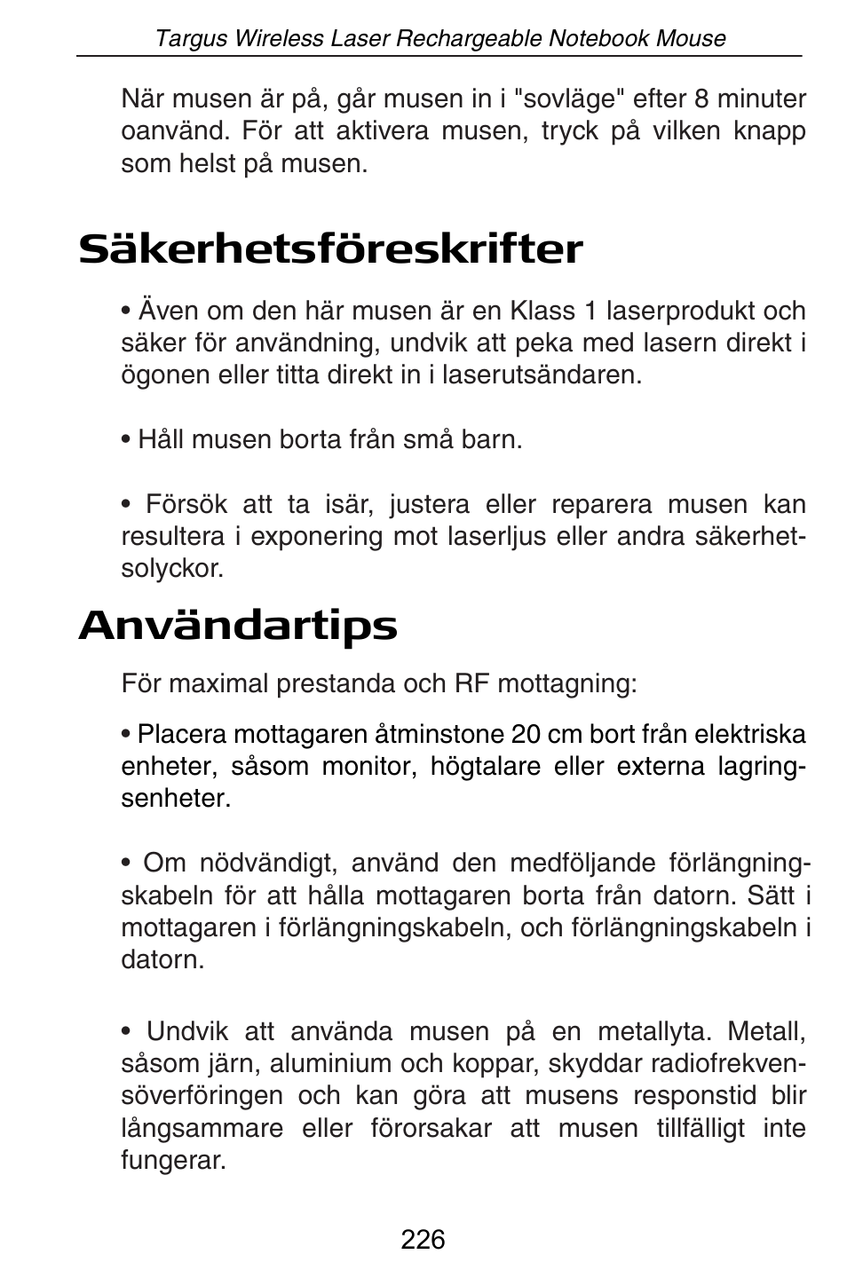 Säkerhetsföreskrifter användartips | Targus AMW15EU User Manual | Page 226 / 259