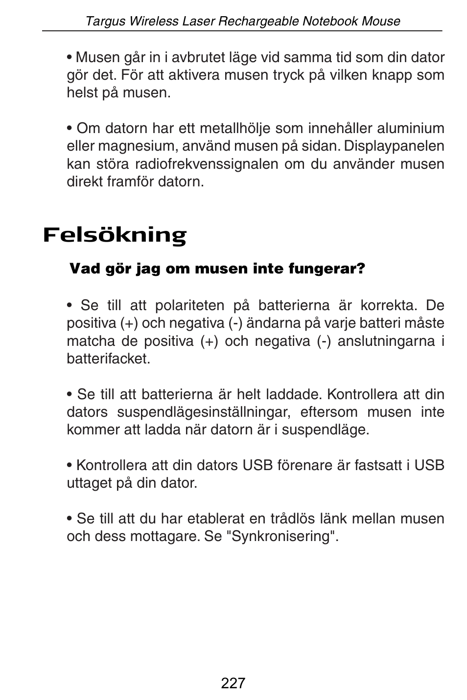 Felsökning | Targus AMW15EU User Manual | Page 227 / 259