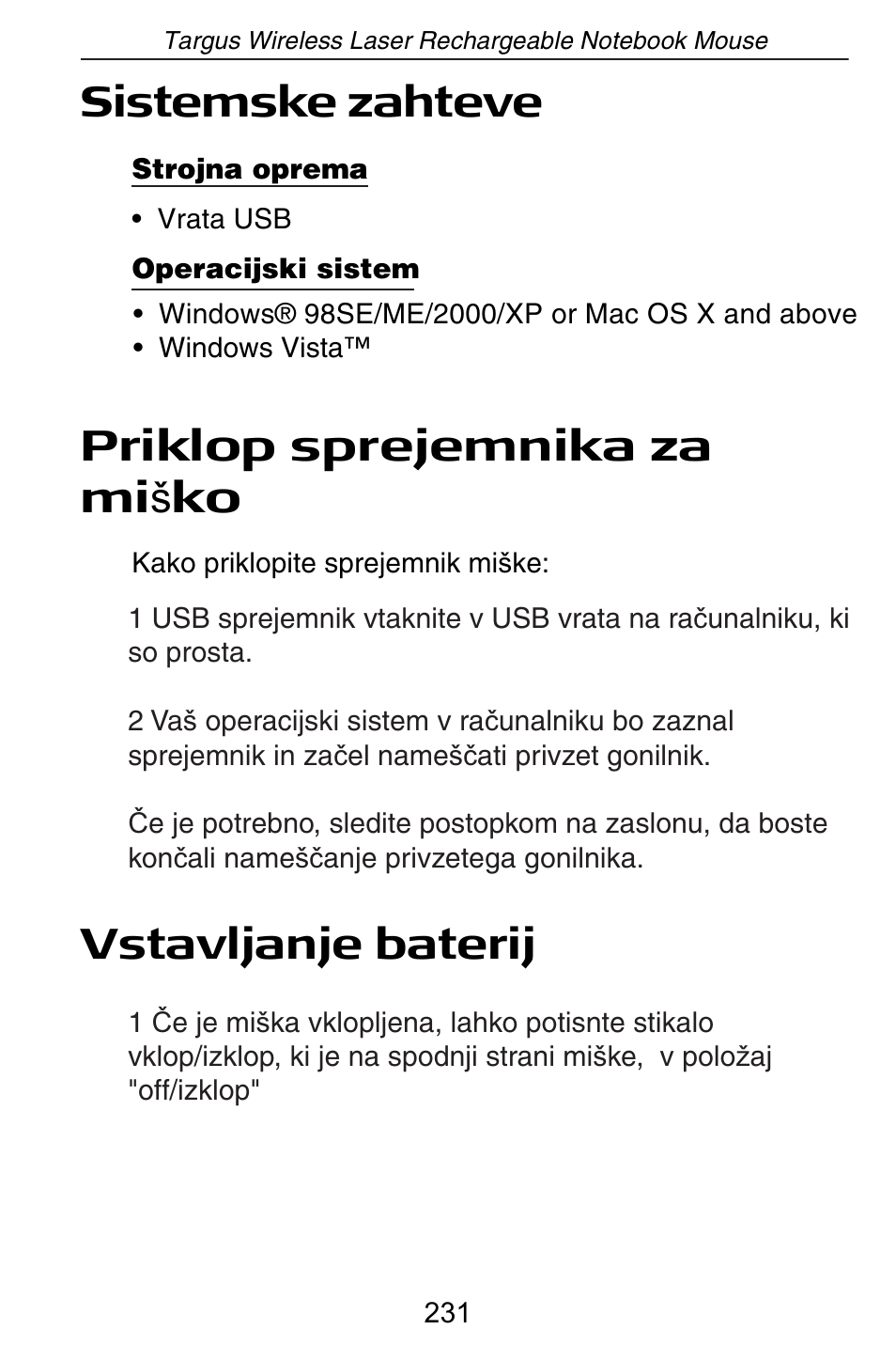 Sistemske zahteve, Priklop sprejemnika za mi š ko, Vstavljanje baterij | Targus AMW15EU User Manual | Page 231 / 259