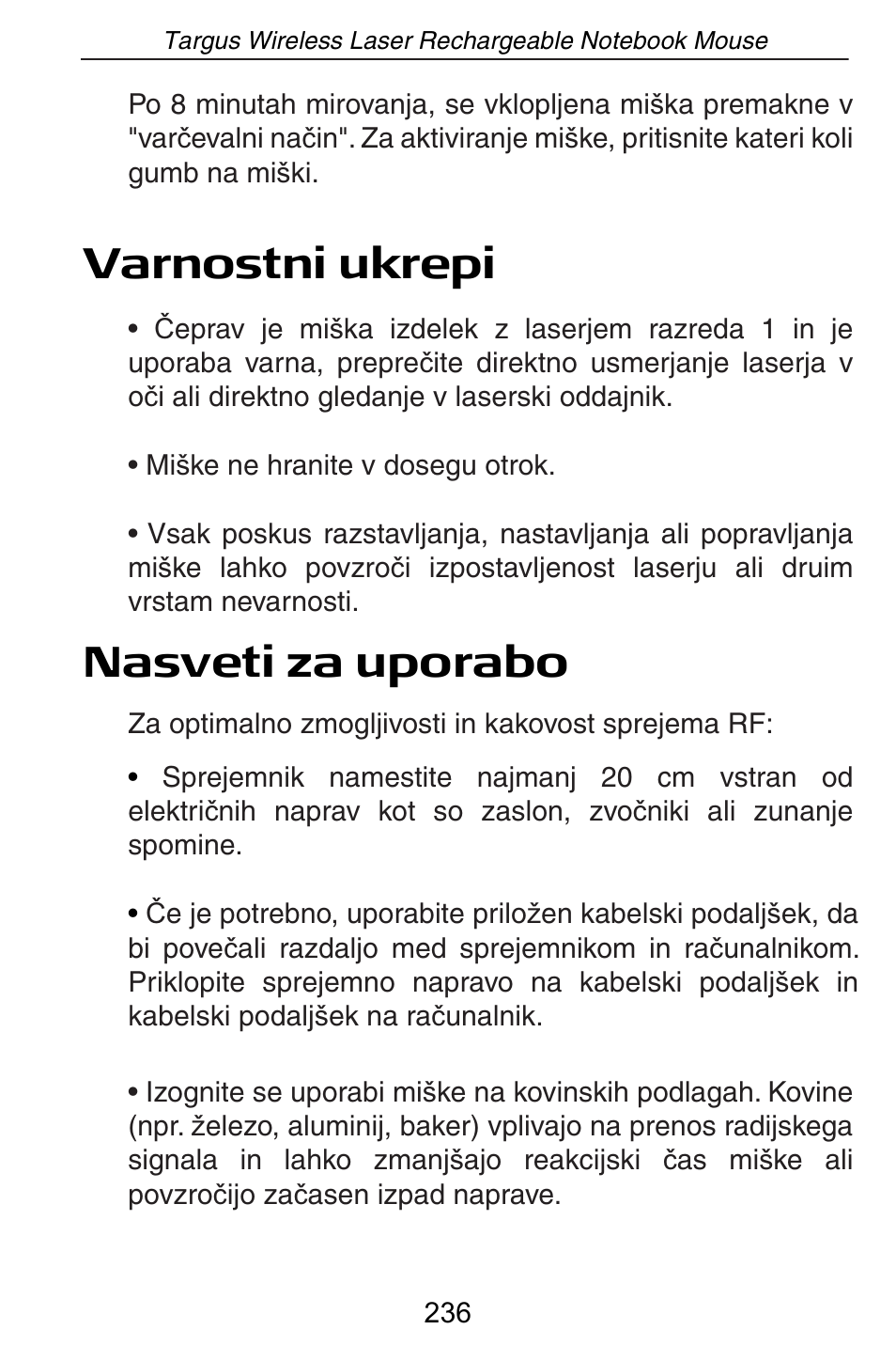 Varnostni ukrepi nasveti za uporabo | Targus AMW15EU User Manual | Page 236 / 259