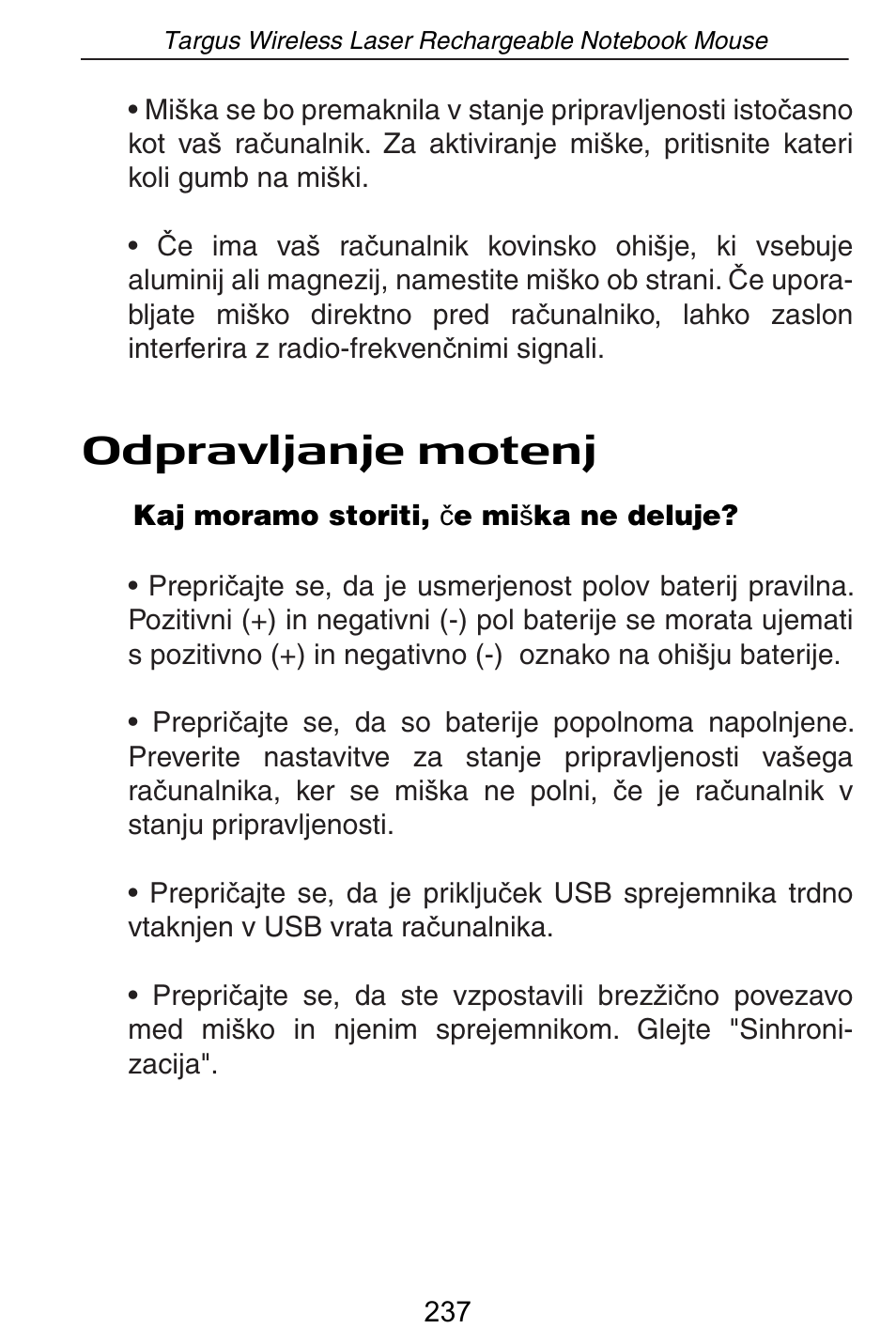 Odpravljanje motenj | Targus AMW15EU User Manual | Page 237 / 259