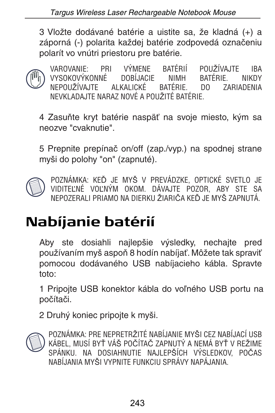 Nabíjanie batérií | Targus AMW15EU User Manual | Page 243 / 259