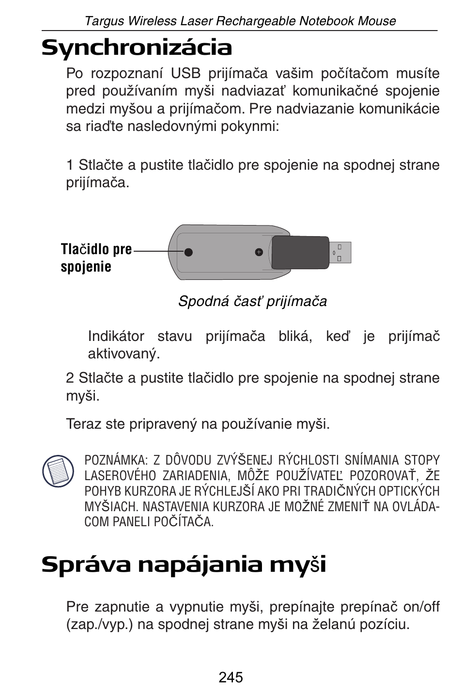 Synchronizácia, Správa napájania my š i | Targus AMW15EU User Manual | Page 245 / 259