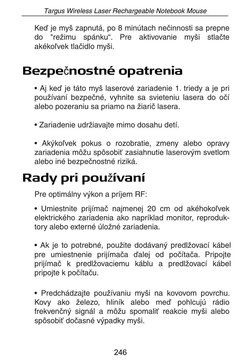 Bezpe þ nostné opatrenia rady pri pou å ívaní | Targus AMW15EU User Manual | Page 246 / 259