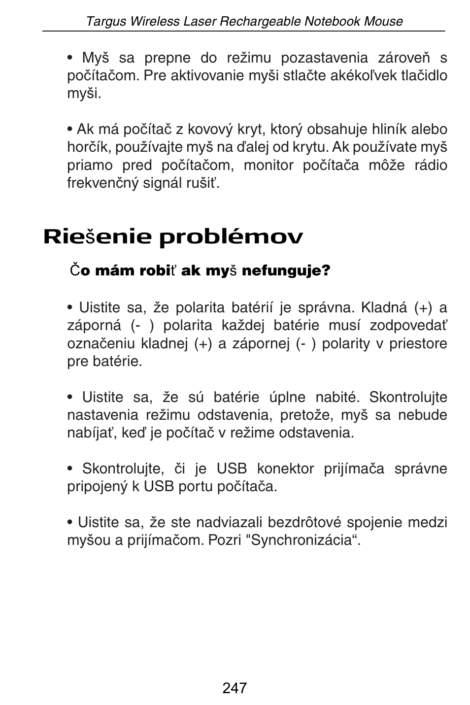 Rie š enie problémov | Targus AMW15EU User Manual | Page 247 / 259