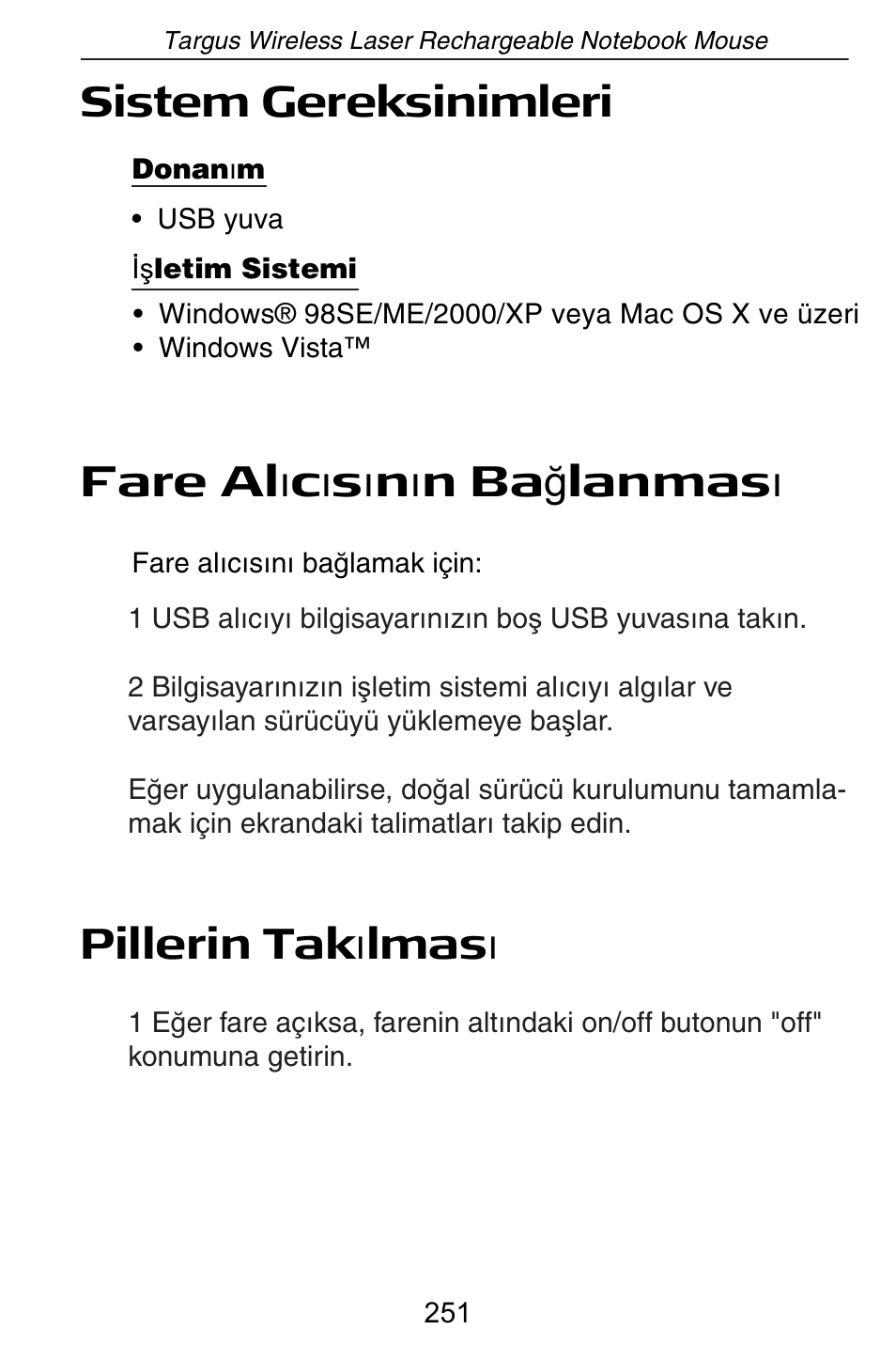 Sistem gereksinimleri, Pillerin tak õ lmas õ | Targus AMW15EU User Manual | Page 251 / 259