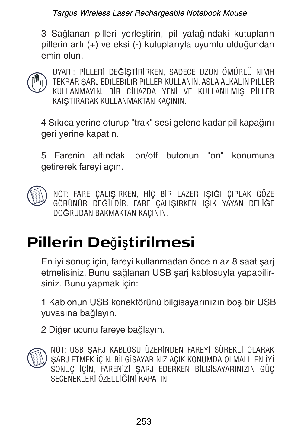 Pillerin de ÷ i ú tirilmesi | Targus AMW15EU User Manual | Page 253 / 259