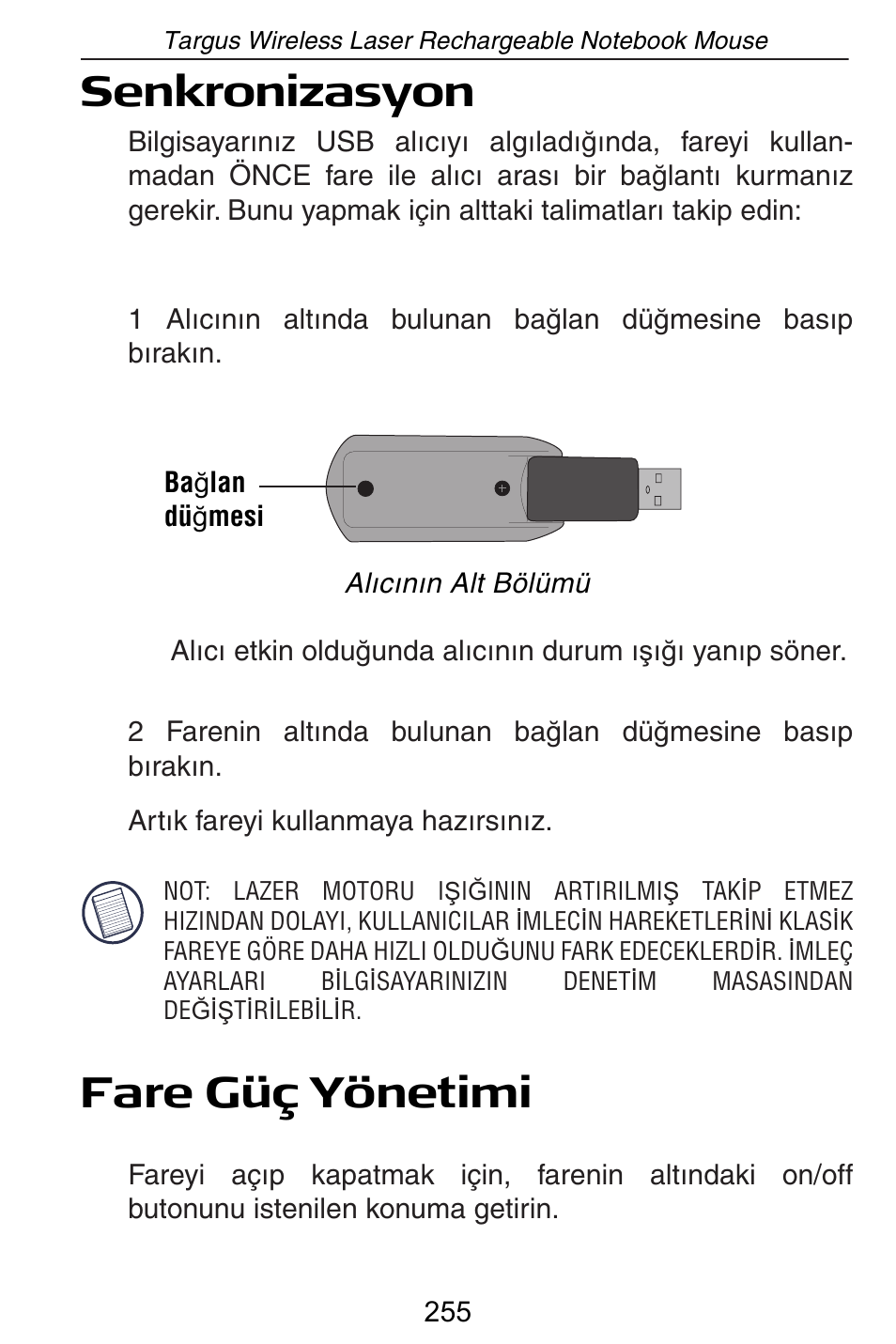 Senkronizasyon, Fare güç yönetimi | Targus AMW15EU User Manual | Page 255 / 259