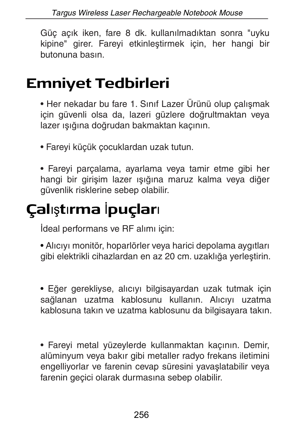 Emniyet tedbirleri зal хъ t õ rma ø puçlar õ | Targus AMW15EU User Manual | Page 256 / 259