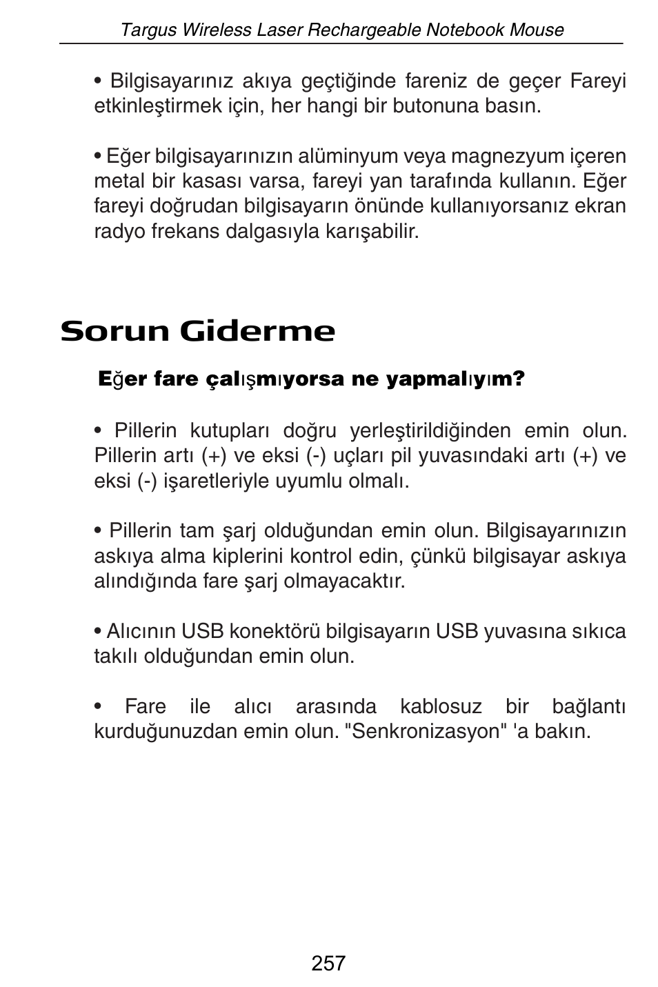 Sorun giderme | Targus AMW15EU User Manual | Page 257 / 259