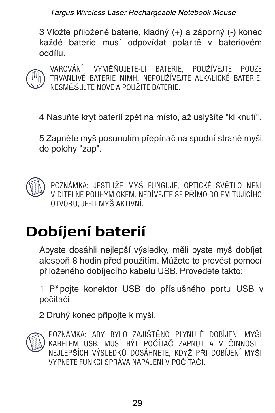 Dobíjení baterií | Targus AMW15EU User Manual | Page 29 / 259