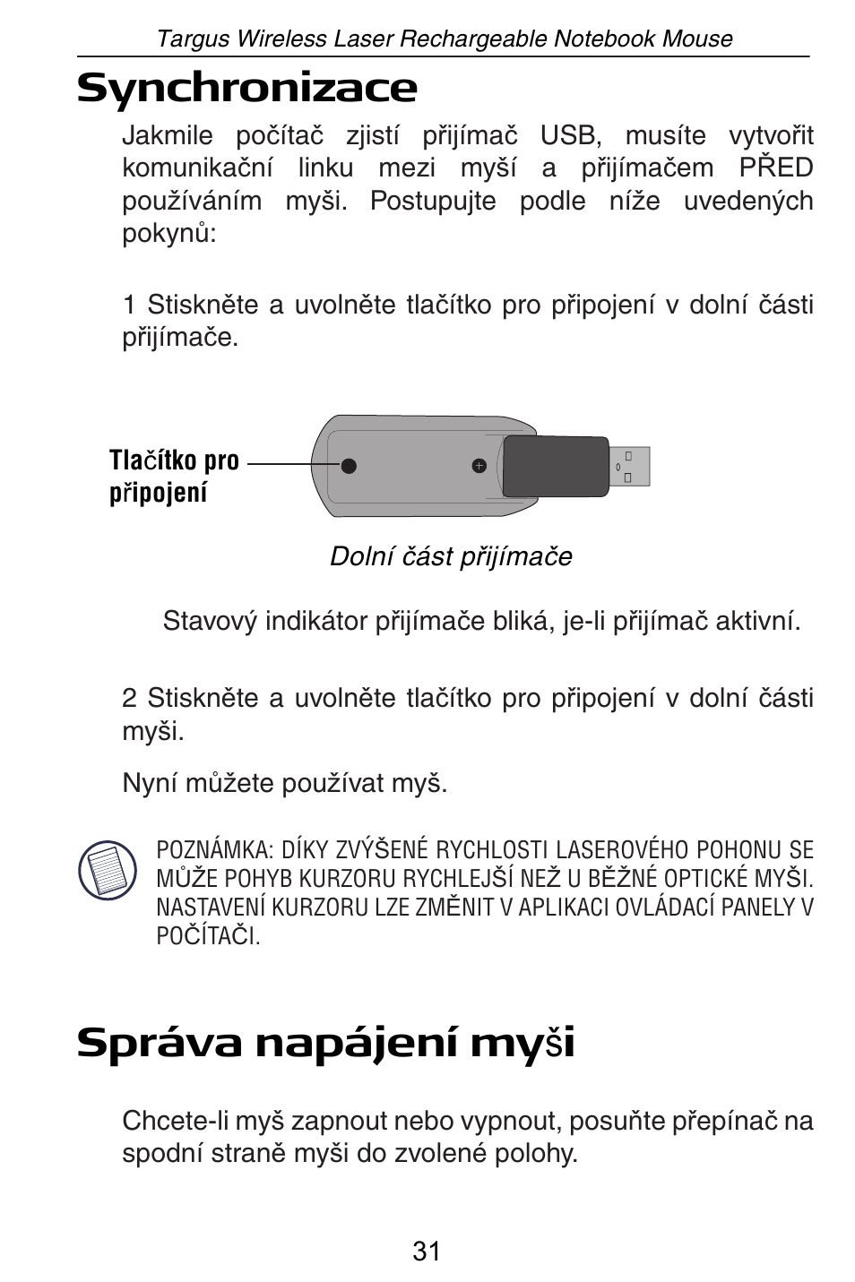 Synchronizace, Správa napájení my š i | Targus AMW15EU User Manual | Page 31 / 259
