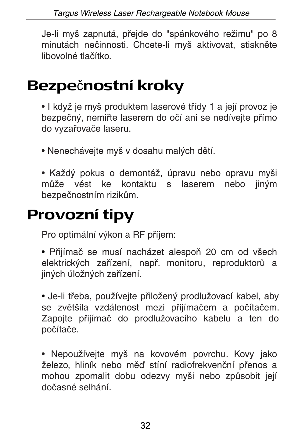 Bezpe þ nostní kroky provozní tipy | Targus AMW15EU User Manual | Page 32 / 259