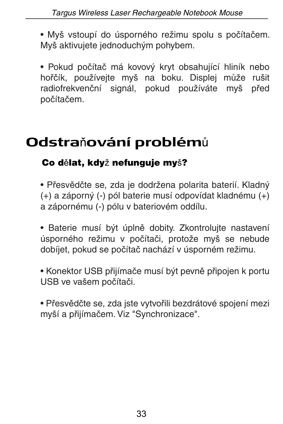 Odstra ė ování problém ĥ | Targus AMW15EU User Manual | Page 33 / 259