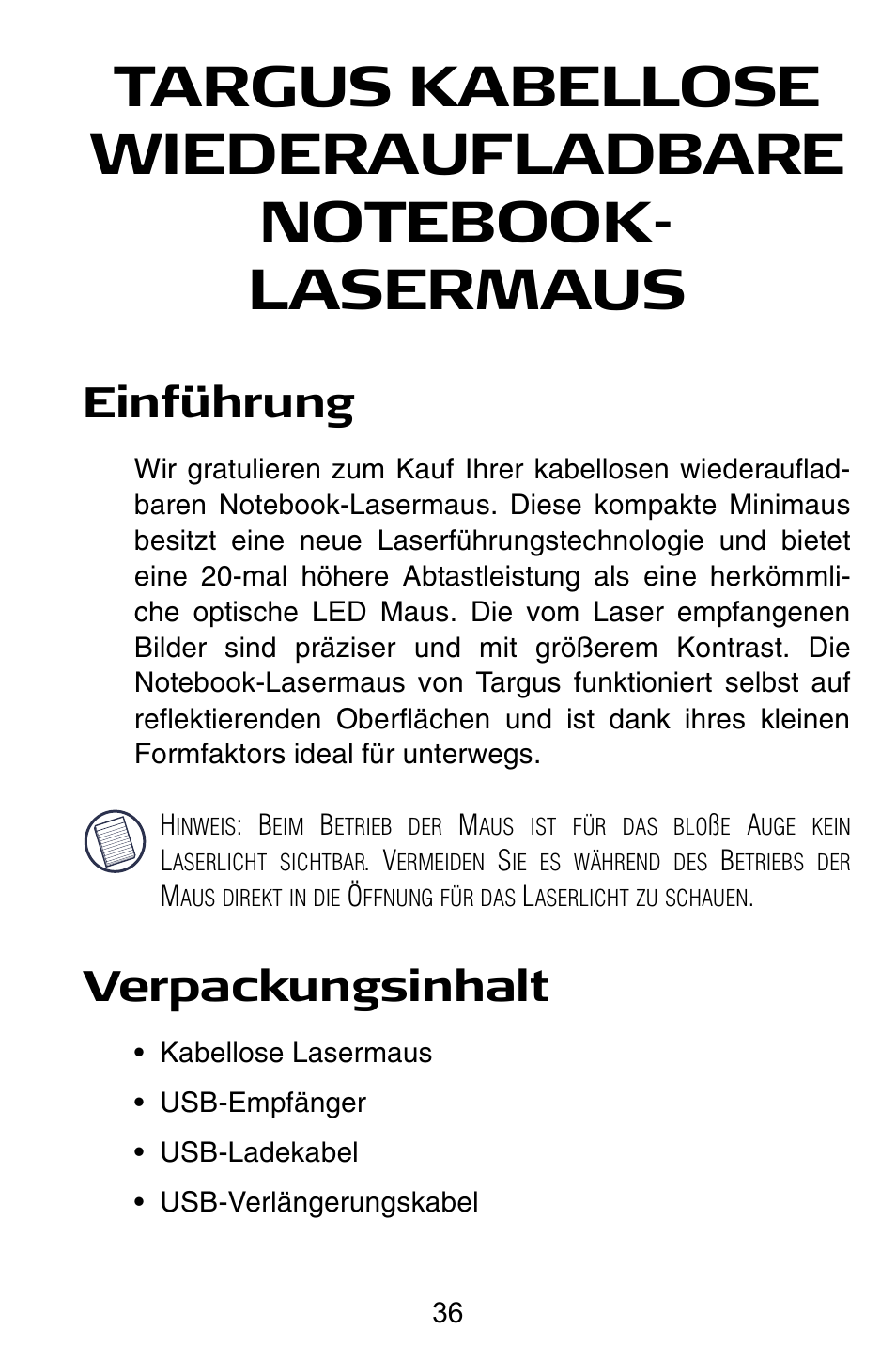 De – deutsch, Einführung, Verpackungsinhalt | Targus AMW15EU User Manual | Page 36 / 259