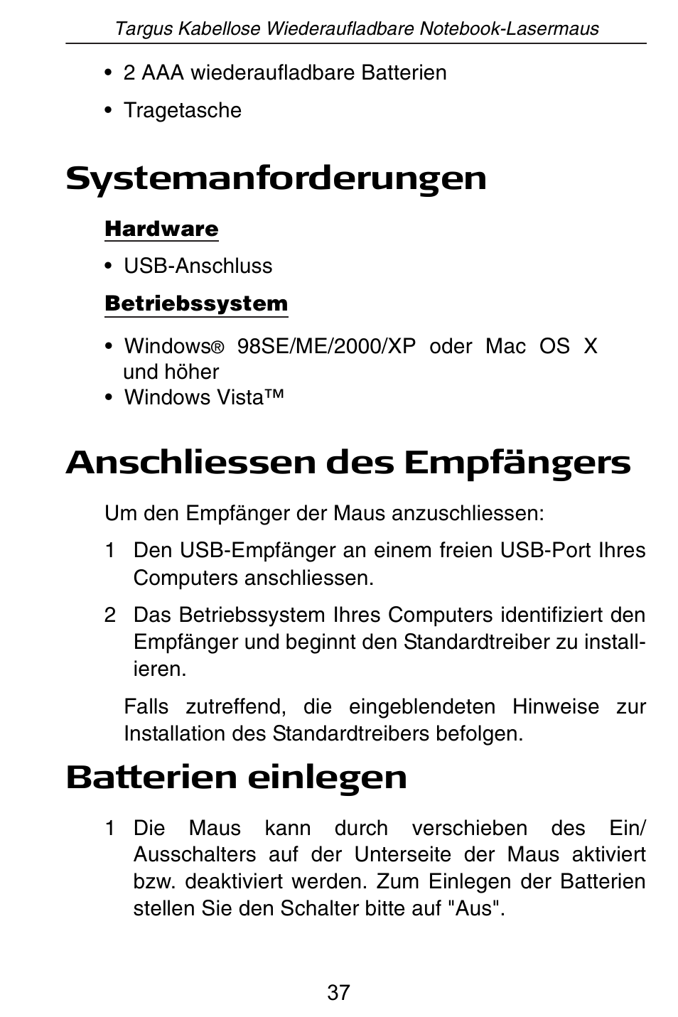 Systemanforderungen, Anschliessen des empfängers, Batterien einlegen | Targus AMW15EU User Manual | Page 37 / 259