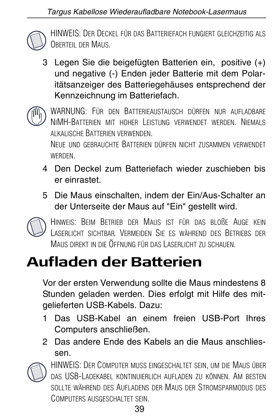 Aufladen der batterien | Targus AMW15EU User Manual | Page 39 / 259