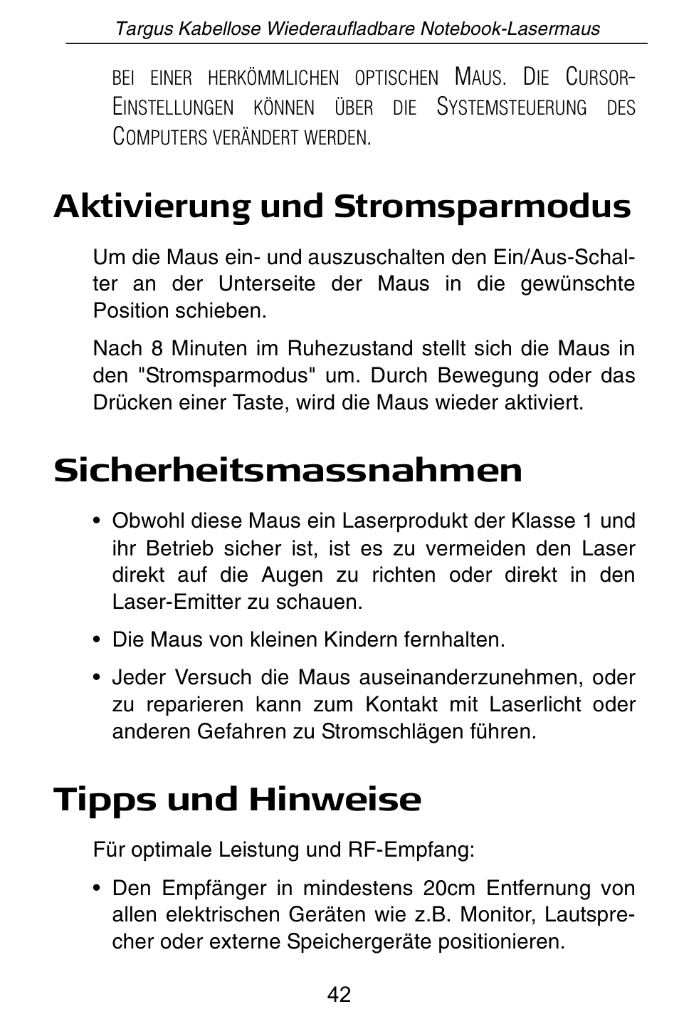 Aktivierung und stromsparmodus, Sicherheitsmassnahmen, Tipps und hinweise | Targus AMW15EU User Manual | Page 42 / 259
