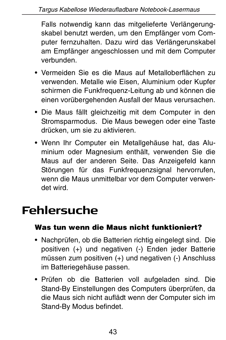 Fehlersuche | Targus AMW15EU User Manual | Page 43 / 259