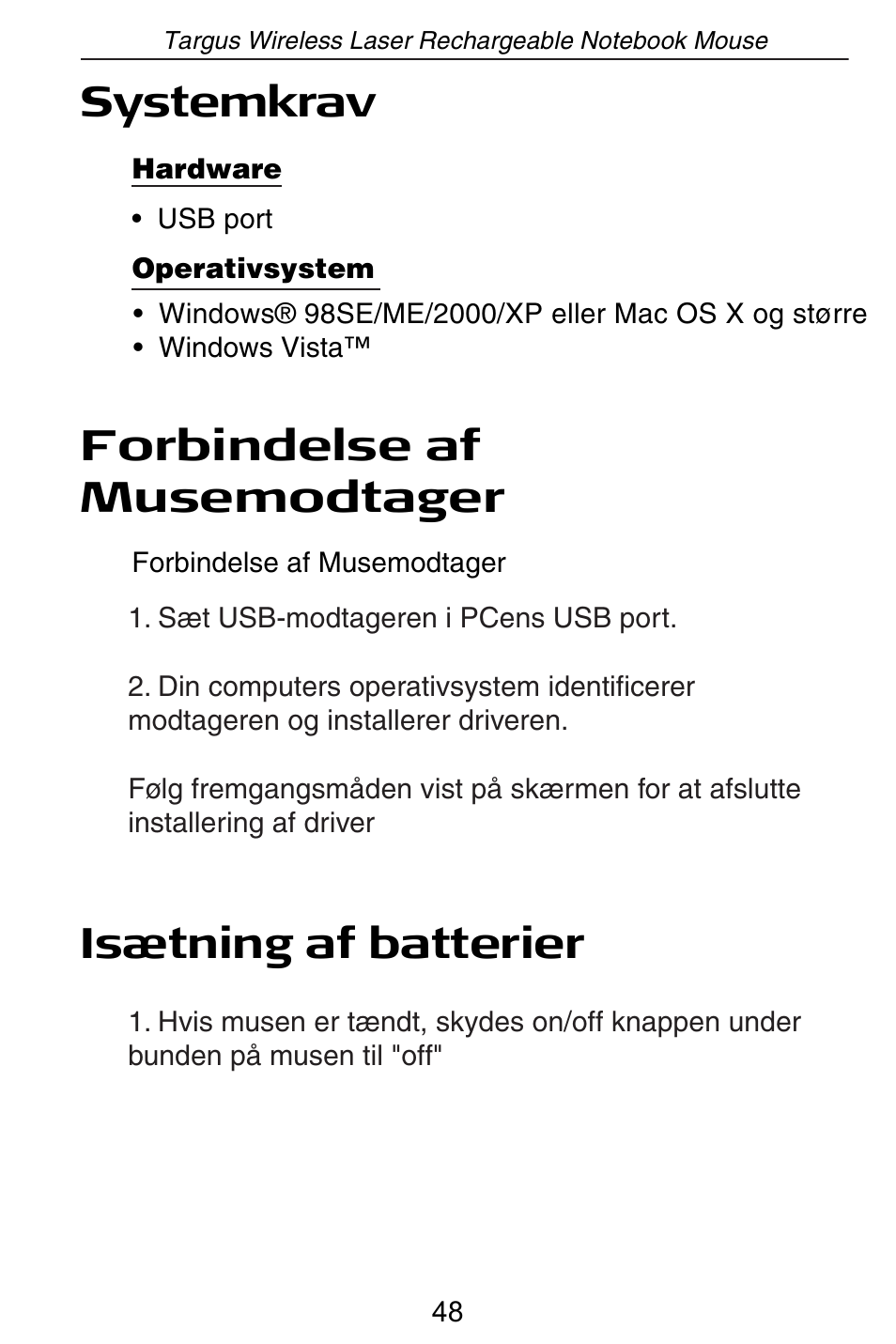 Systemkrav, Forbindelse af musemodtager, Isætning af batterier | Targus AMW15EU User Manual | Page 48 / 259